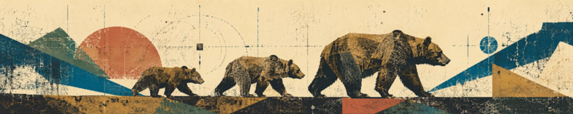 A bear and two cubs walking across a screen-printed northern landscape