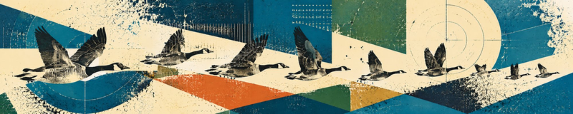 Canada geese in flight across a screen-printed landscape