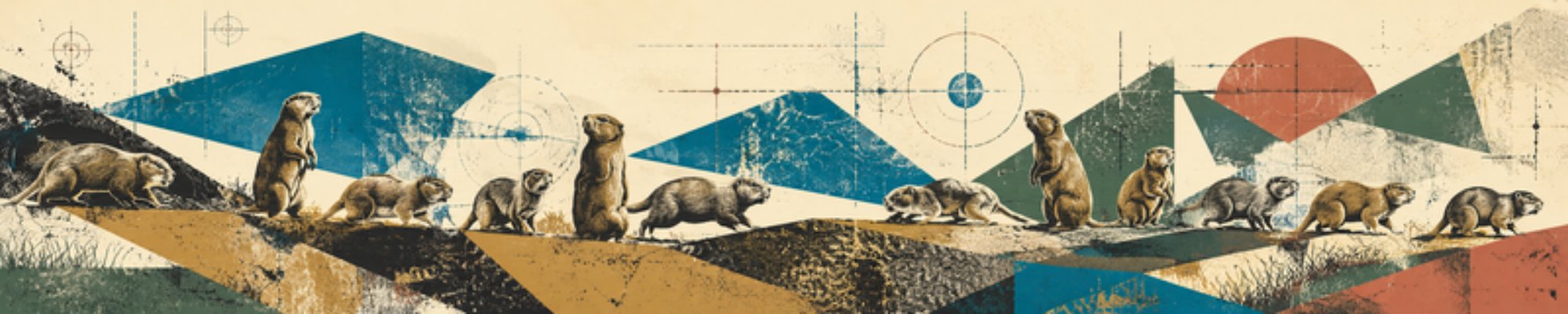 Ground squirrels standing watch across a screen-printed landscape
