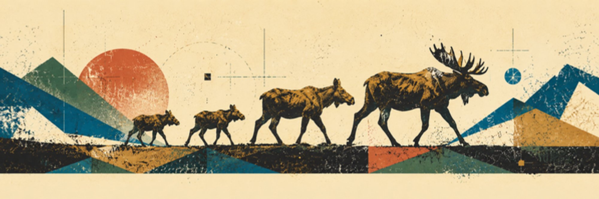 A cow moose leads three calves across a screen-printed northern landscape