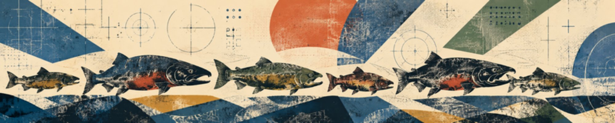 Salmon swimming upstream across a screen-printed landscape