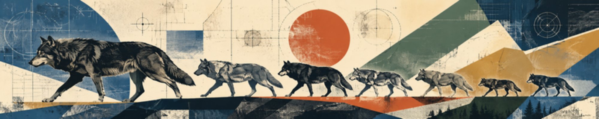 A wolf pack travelling in line across a screen-printed landscape
